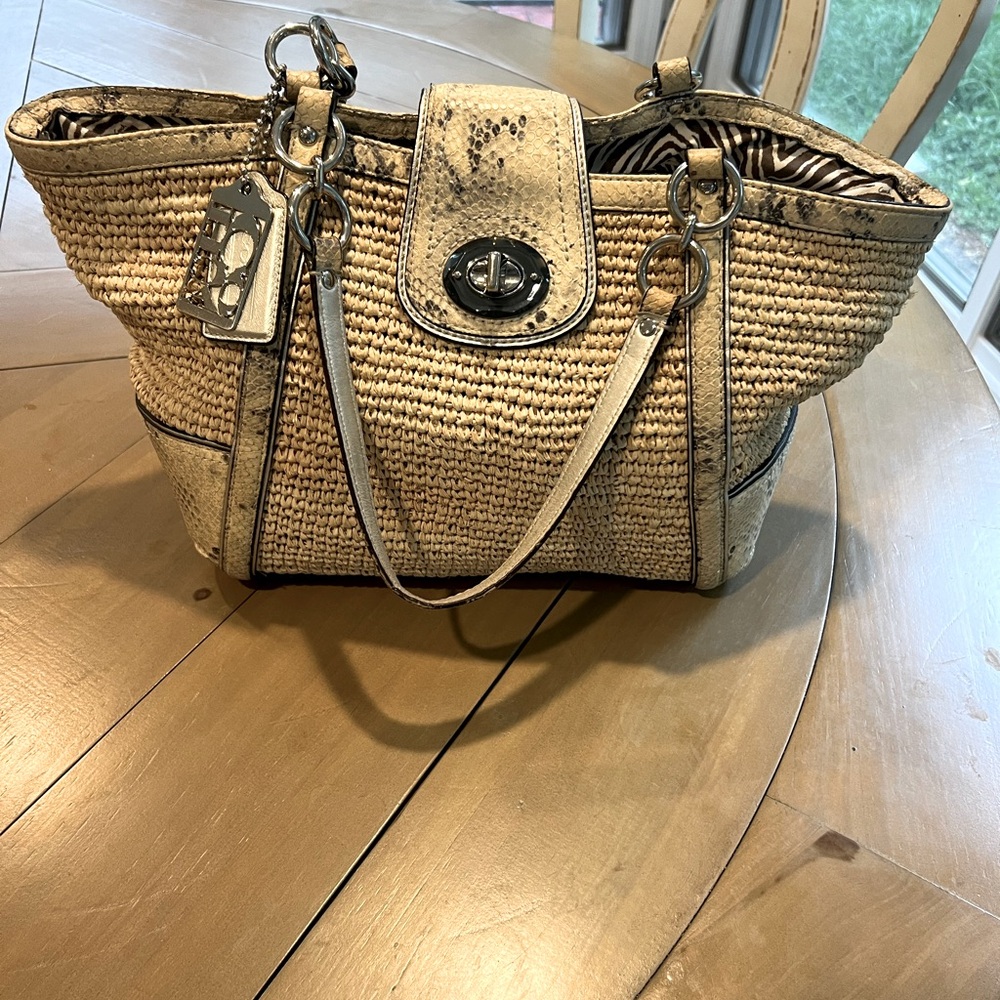 Coach Straw handbag with brown zebra interior lining - great condition